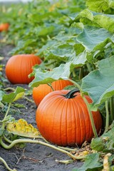 Pumpkin in farmland in Fall. Seasonal theme for greeting card background.