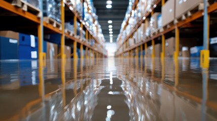 A warehouse aisle flooded with water, reflecting shelves and stored boxes, indicating disaster or water damage scenarios.
