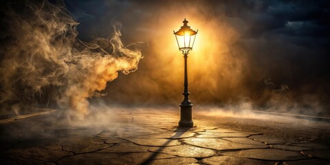Naklejka premium A solitary street lamp illuminates a cracked cobblestone path, casting long shadows through a thick veil of mist