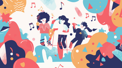 Naklejka premium Joyful Children Singing with Musical Notes Vector Illustration