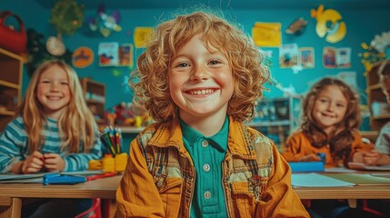 Happy preschool children smiling in classroom.