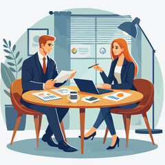 Partners meeting for business discussion with documents and laptop on desk. Couple at round table, speaking, discussing work, partnership. Flat vector illustration isolated on white background