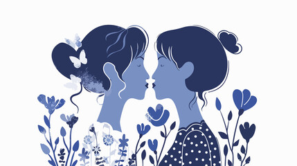 Naklejka premium Delft Blue Kissing Girls Couple Flat Vector Illustration