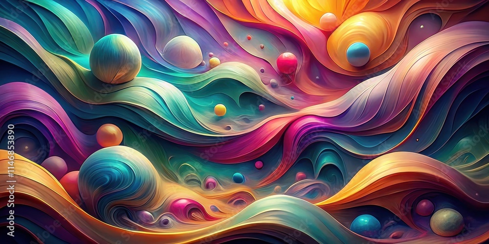 Poster A mesmerizing abstract art composition featuring vibrant waves of color and floating spheres, creating a dreamlike, surreal landscape.