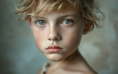 Fototapeta premium A close-up portrait of a young boy with a thoughtful expression
