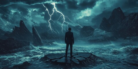 A dejected businessman standing on a cracked island surrounded by turbulent waters, with lightning flashing in the stormy sky above