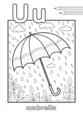 Coloring page for children with letters of the English alphabet, letter U with an umbrella image