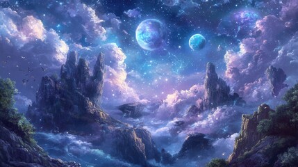 Enchanted Celestial Landscape with Vibrant Nebula and Planets