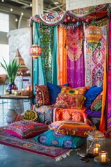 A vibrant bohemian lounge featuring colorful textiles, cushions, and lanterns in a cozy indoor setting with natural light.