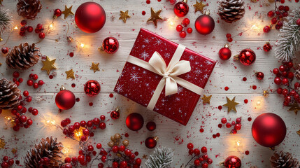 Beautiful Cherry Red Gift Box with Cream Ribbon for Christmas Celebration