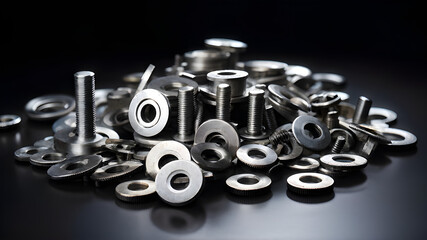Obraz premium Screw washer nuts and bolts pile Metal Steel Industrial Tools Construction Hardware Parts Mechanical Engineering Technology Black Backdrop
