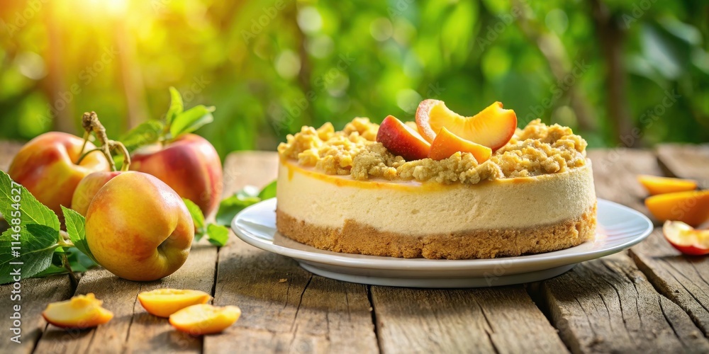 Aufkleber a delectable peach cheesecake with a crumb topping, resting on a rustic wooden surface with fresh pe
