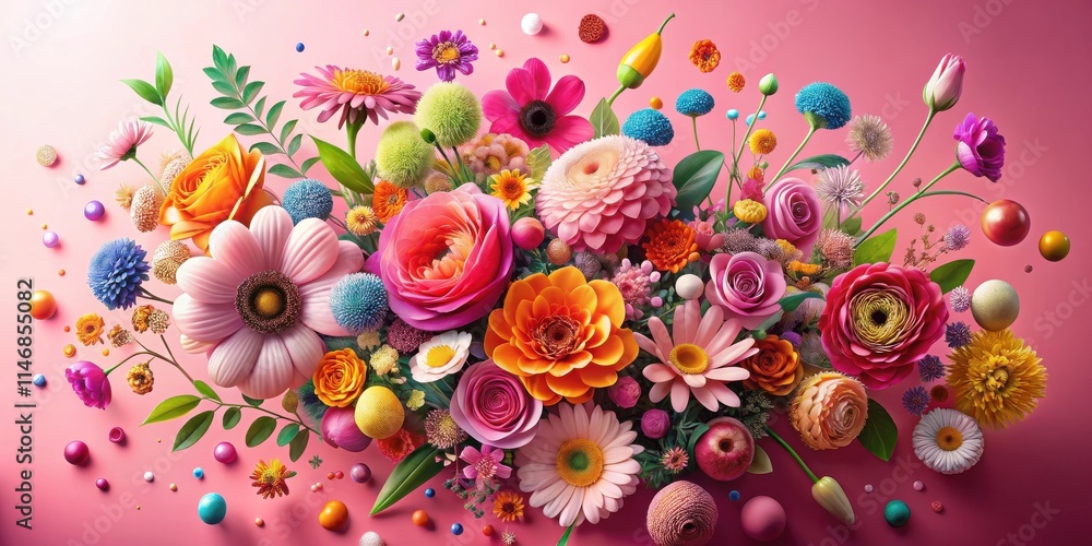 Aufkleber a vibrant and playful arrangement of colorful flowers with spherical elements scattered on a pink ba