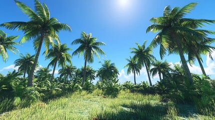 Naklejka premium Lush green tropical landscape with palm trees under bright sky.