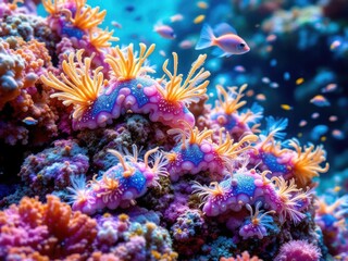 Obraz premium Vibrant Underwater Coral Reef with Colorful Anemones and Fish
