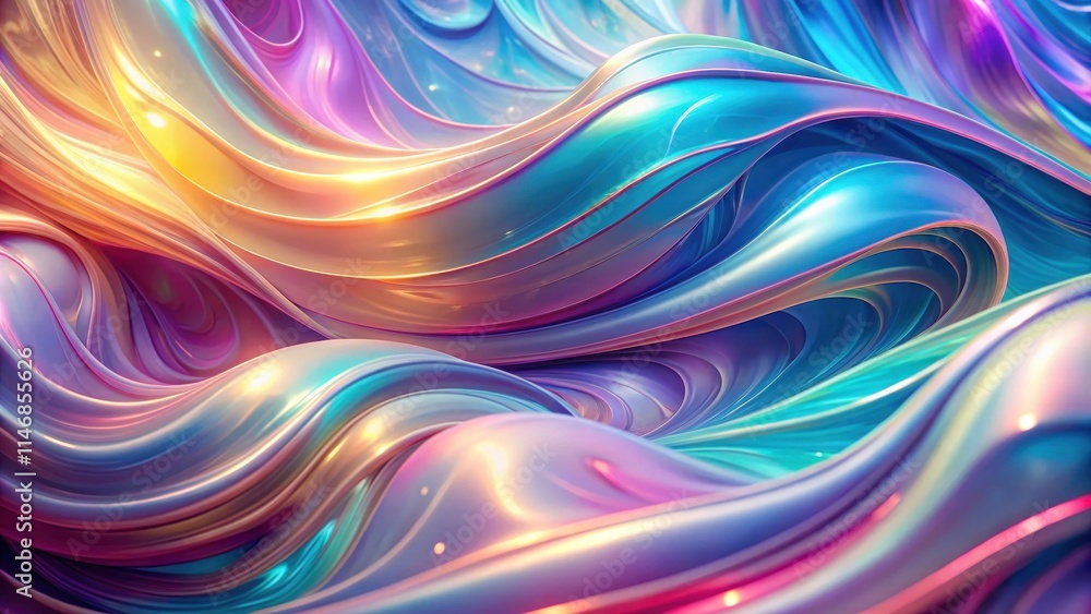 Poster a symphony of iridescent curves in vibrant hues of blue, pink, and gold, creating a mesmerizing abst