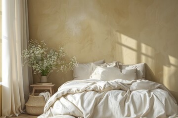 Cozy sunlit bedroom with crisp white linens and floral arrangement