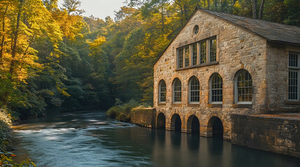Vermont Stone Mill with arched windows and river views, charming New England countryside