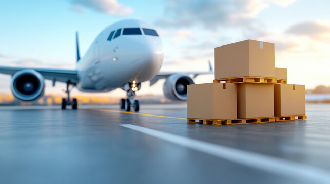 Cargo Airplane Prepares for Departure With Stacked Cardboard Boxes at the Airport During Early Morning Light