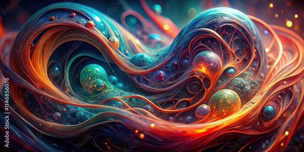 Poster A mesmerizing abstract composition featuring swirling ribbons of vibrant orange and blue hues, interwoven with luminous orbs reflecting celestial patterns and a dusting of shimmering gold particles.
