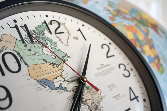 A clock with sleek hands overlays a vibrant world map background, symbolizing global connectivity and time synchronization, blending functionality with an international flair.