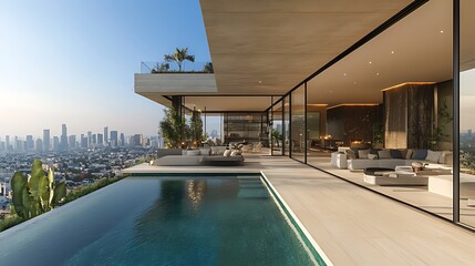 Obraz premium Modern luxury hillside home with infinity pool overlooking city skyline at sunrise.
