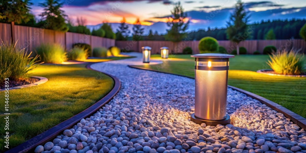 Poster A winding stone path illuminated by warm lamplight, creating a serene and inviting atmosphere in the garden at twilight.