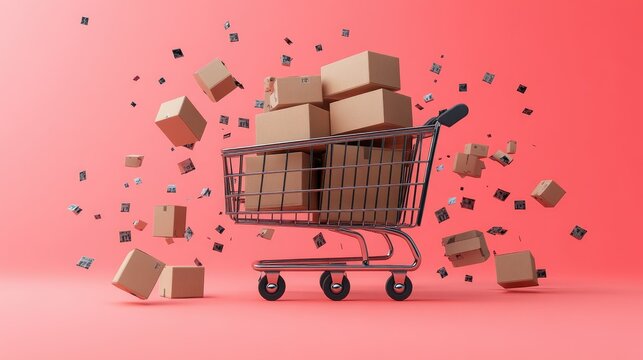 Overfilled shopping cart with cardboard boxes against a pink background.