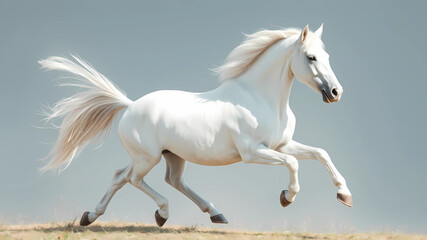 Fototapeta premium a white horse is galloping through the sand dunes in the desert, with its tail blowing in the wind, Boleslaw Cybis, precisionism, majestic, a computer rendering