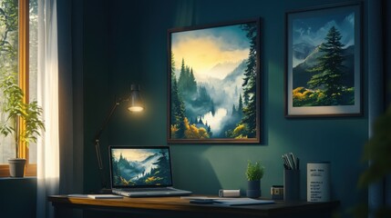Serene Home Office Interior with Natural Light, Stunning Mountain Landscape Art, Lush Green Plants, and Cozy Atmosphere for Productivity and Creativity