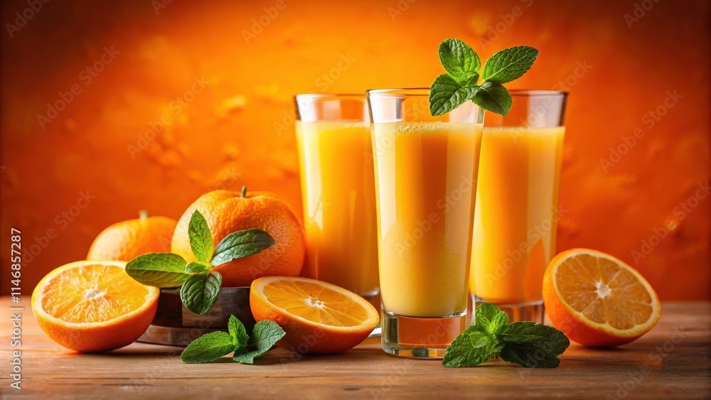Poster refreshing glasses of orange juice with sliced oranges and fresh mint leaves on a rustic wooden tabl