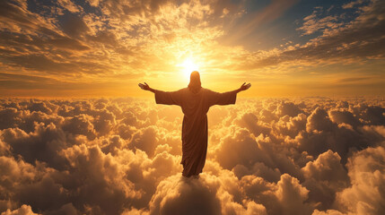 Jesus Christ Walking on Clouds With Arms Raised Under a Golden Sunset in a Serene Sky