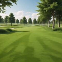 lush green grass lawn in golf course with few scattered trees , tranquil, golf course