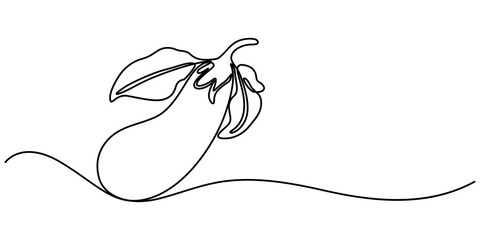 continuous line drawing eggplant illustration, Eggplant in continuous line art drawing style. Aubergine fruit black linear sketch isolated on white background. Vector illustration, One continuous line