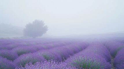 Fototapeta premium Lavender fields under a soft morning mist, panoramic shot, Minimalist style