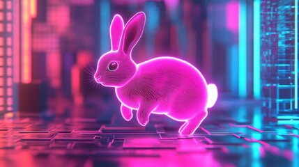 A vibrant, glowing rabbit leaps across a futuristic, neon-lit landscape, blending technology and nature in a striking visual display.