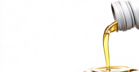 Silver Oil Canister Pouring Liquid Into a Container on a White Background