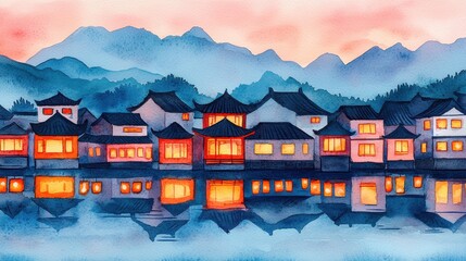 Fototapeta premium A serene watercolor scene depicting traditional houses along a calm waterway, with glowing windows against a backdrop of mountains at dusk.