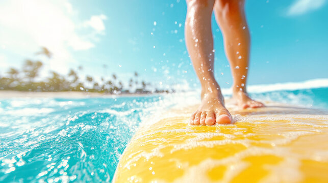 Surfer Enjoys Sunny Day Riding the Waves on Vibrant Yellow Surfboard in Tropical Ocean