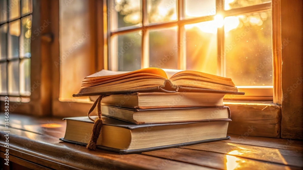 Poster a stack of books, open to a page, sits in the golden light of a window, bathed in the warmth of the 