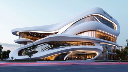 Fototapeta premium Modern, flowing white building at dusk.