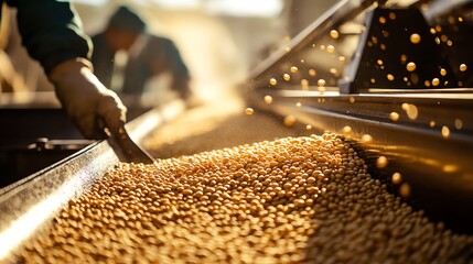 Worker handling grain in a sunlit agricultural facility.