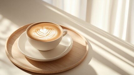 A warm cup of latte with heart-shaped foam sits on a wooden tray, bathed in soft morning light, creating a cozy and minimalist atmosphere.
