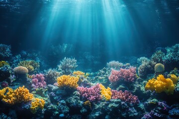 Naklejka premium Vibrant Coral Reef with Sunlight Underwater