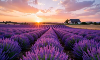 Lavender Sunset: A Serene Farmhouse in a Purple Paradise