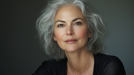 Naklejka premium Portrait of a mature woman with gray hair in a studio setting, elegant and confident