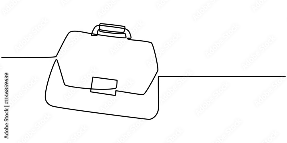 Poster suitcase working bag one line art drawing. continuous outline briefcase office bag for working, brie