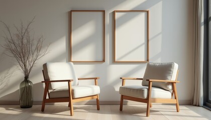 A serene living room features two elegant armchairs in soft white upholstery, positioned beside empty wooden frames against a sunlit wall. The warm sunlight casts gentle shadows, enhancing the cozy