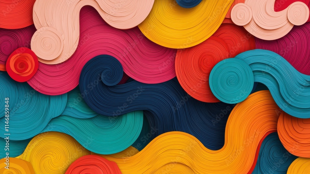 Poster a vibrant, abstract composition of swirling paper cutouts in various colors, creating a dynamic and 