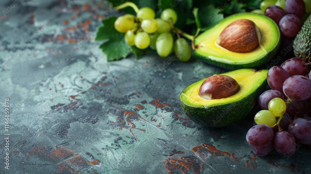 Poster copy space adorned with a close-up of ripe avocado slices and grapes, inviting viewers to indulge in